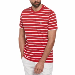 Original Penguin Organic Cotton Breton Striped T-Shirt In Salsa