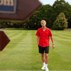 Original Penguin Icons Organic Cotton Striped Short Sleeve Shirt With Camp Collar In Salsa