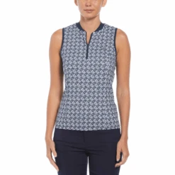Original Penguin Women's Geometric Print Sleeveless Golf Polo With Mesh Back In Black Iris