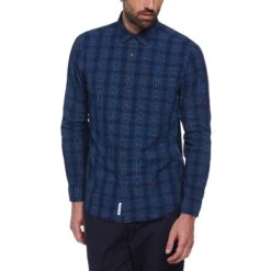 Original Penguin Cotton Indigo Plaid Print Long Sleeve Button-Down Shirt In Dark Sapphire
