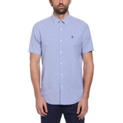 Original Penguin Ecovero Oxford Stretch Short Sleeve Button-Down Shirt In Amparo Blue