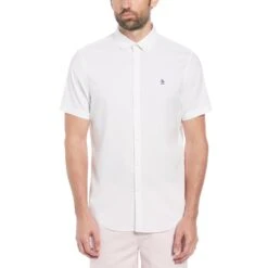 Original Penguin Ecovero Oxford Stretch Short Sleeve Button-Down Shirt In Bright White