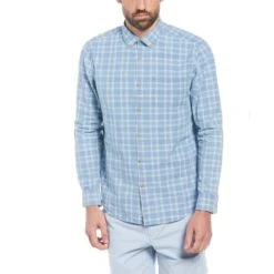 Original Penguin Cotton Indigo Plaid Print Long Sleeve Button-Down Shirt In Spring Lake