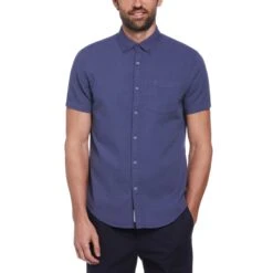 Original Penguin Cotton Dobby Basketweave Textured Short Sleeve Button-Down Shirt In Blue Indigo