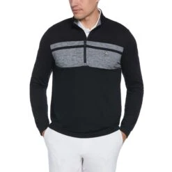 Original Penguin Colour Block Quarter Zip Long Sleeve Golf Jumper In Caviar
