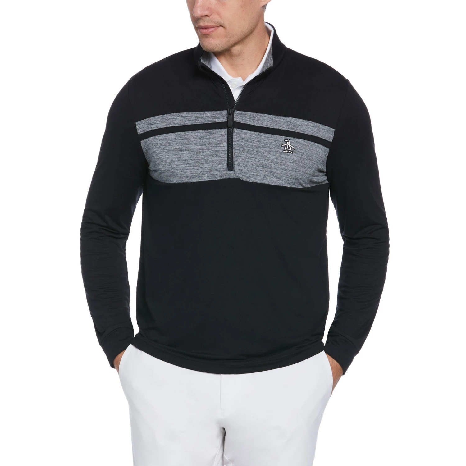 Original Penguin Colour Block Quarter Zip Long Sleeve Golf Jumper In Caviar
