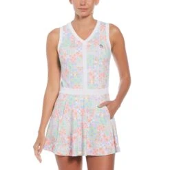 Original Penguin Women's Checkerboard Print Flounce Sleeveless Tennis Dress In Bright White