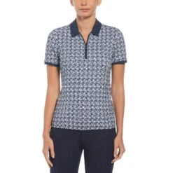 Original Penguin Women's Geometric Print Short Sleeve Golf Polo Shirt With Mesh Inserts In Black Iris