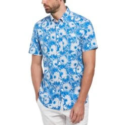 Original Penguin Ecovero Floral Print Short Sleeve Button-Down Shirt In Skydiver