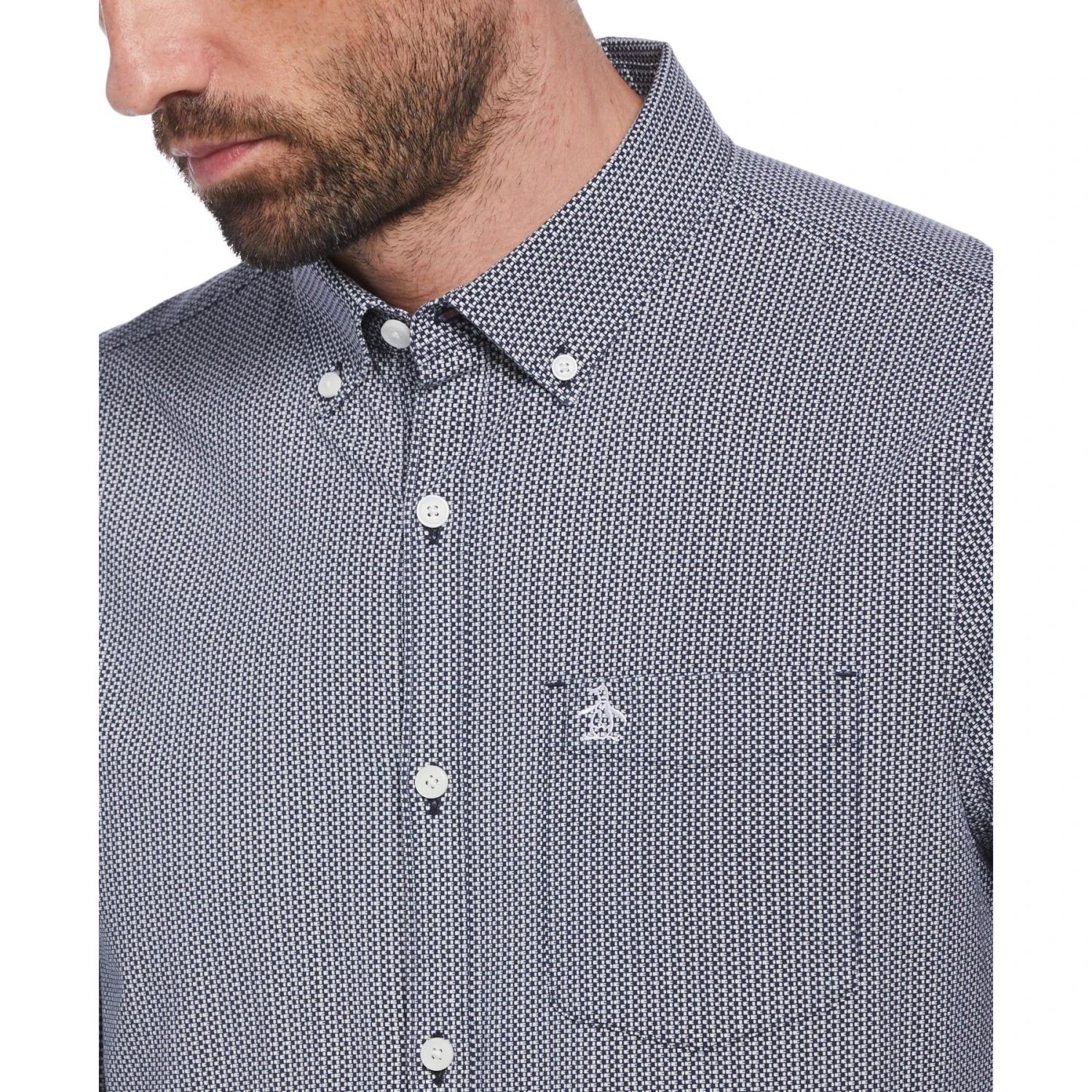 Original Penguin Ecovero Mini Geometric Print Long Sleeve Button-Down Shirt In Dark Sapphire - Image 3