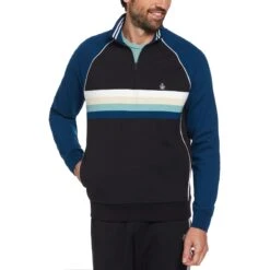Original Penguin Quarter Zip Color Block Stripe Sweatshirt In True Black