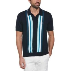 Original Penguin Icons Short Sleeve Textured Vertical Stripe Polo Jumper In Dark Sapphire