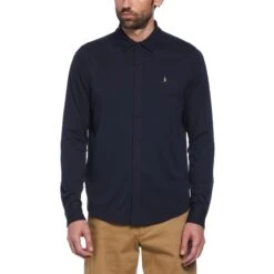 Original Penguin Icons Soft Interlock Long Sleeve Shirt In Dark Sapphire