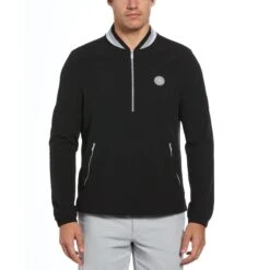 Original Penguin Lightweight 1/4 Zip Long Sleeve Golf Windbreaker With Striped Collar In Caviar