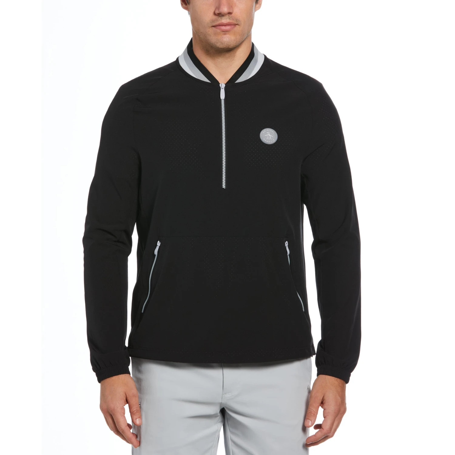 Original Penguin Lightweight 1/4 Zip Long Sleeve Golf Windbreaker With Striped Collar In Caviar