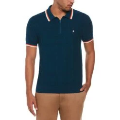 Original Penguin Icons Quarter Zip Short Sleeve Polo Neck Jumper In Poseidon Blue