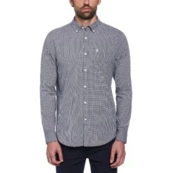Original Penguin Ecovero Mini Geometric Print Long Sleeve Button-Down Shirt In Dark Sapphire