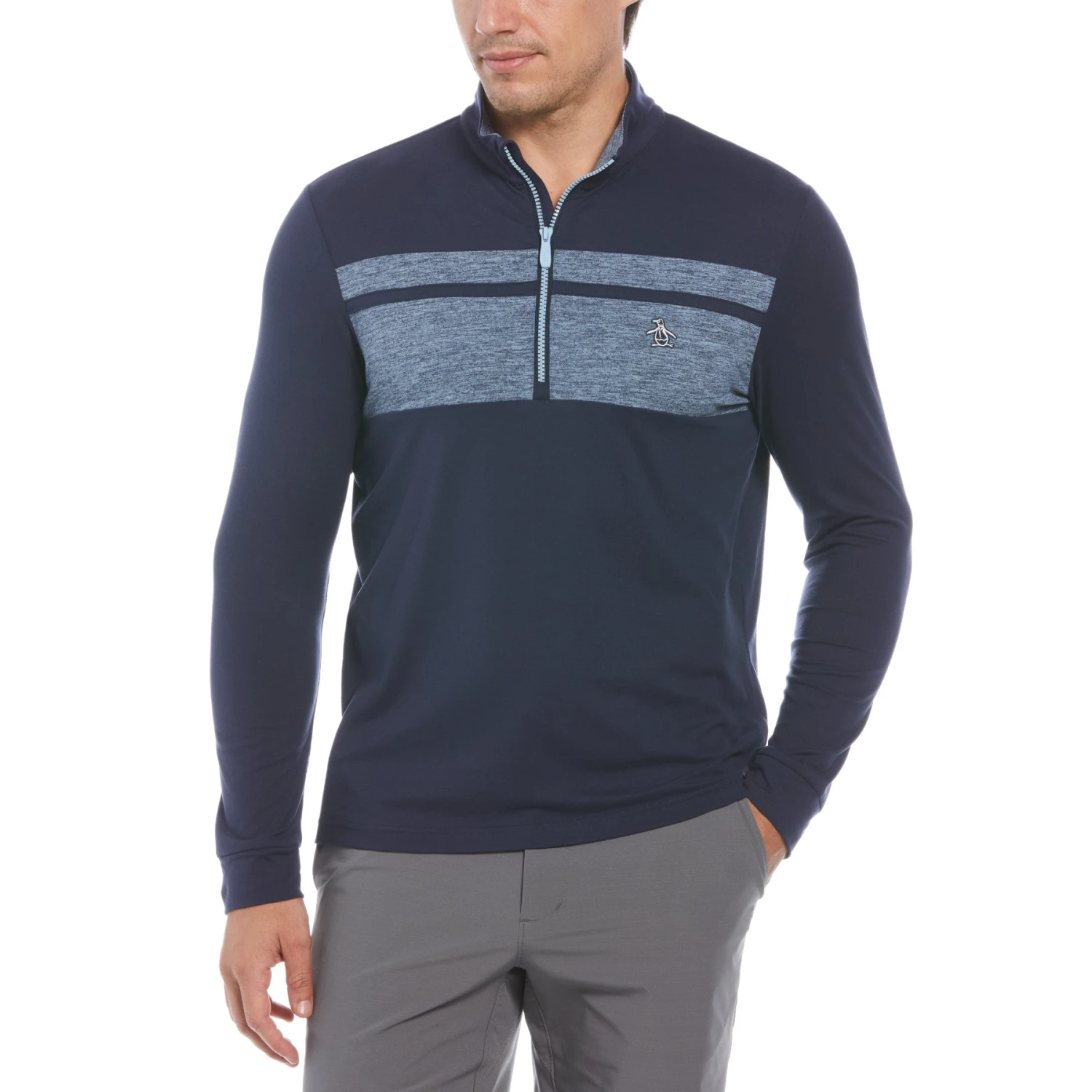 Original Penguin Colour Block 1/4 Zip Long Sleeve Golf Sweater In Black Iris