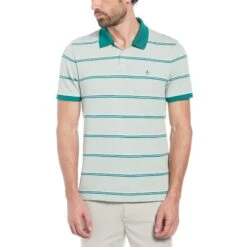 Original Penguin Birdseye Pique Striped Pattern Polo Shirt In Silt Green
