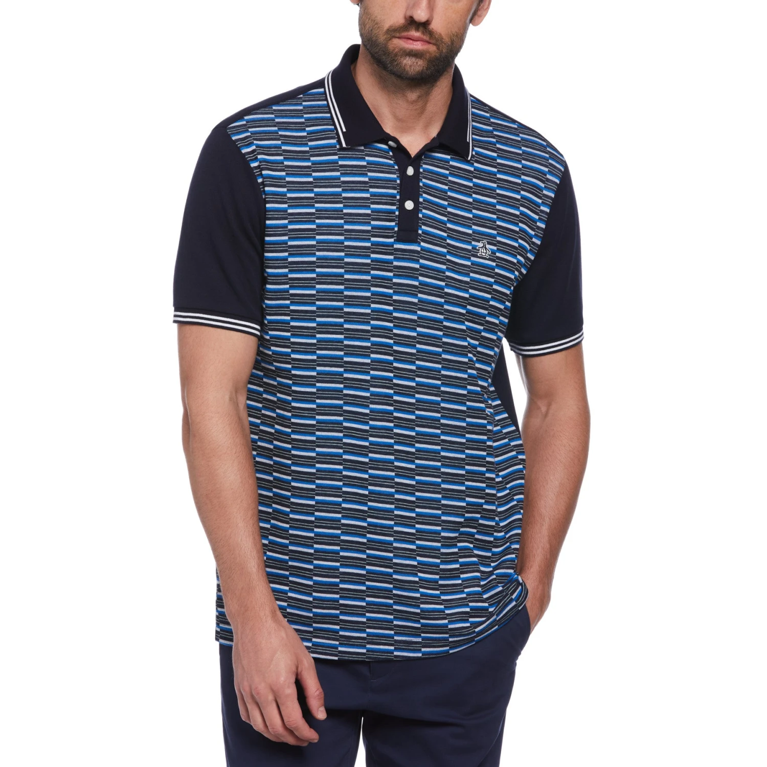 Original Penguin Jacquard Front Interlock Short Sleeve Polo Shirt In Dark Sapphire