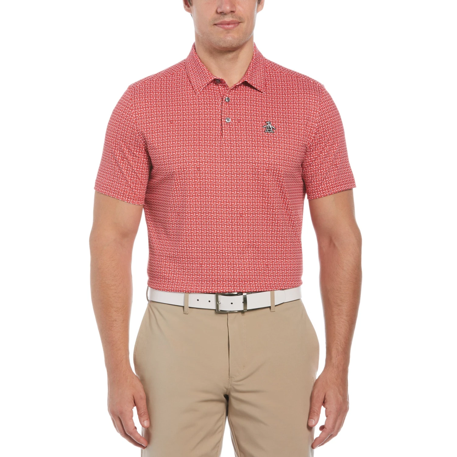 Original Penguin Original Geometric Print Short Sleeve Golf Polo Shirt In Poinsettia