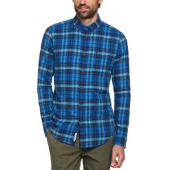 Original Penguin Long Sleeve Flannel Plaid Shirt In Classic Blue