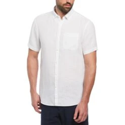 Original Penguin Delave Linen Short Sleeve Button-Down Shirt In Bright White