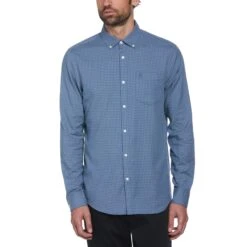 Original Penguin Gingham Print Long Sleeve Shirt In Bering Sea