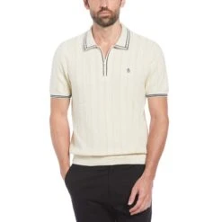 Original Penguin Cashmere-Like Cotton Tipped Short Sleeve Polo Shirt Sweater In Birch