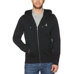 Original Penguin Sticker Pete Organic Cotton Fleece Full Zip Hoodie In True Black