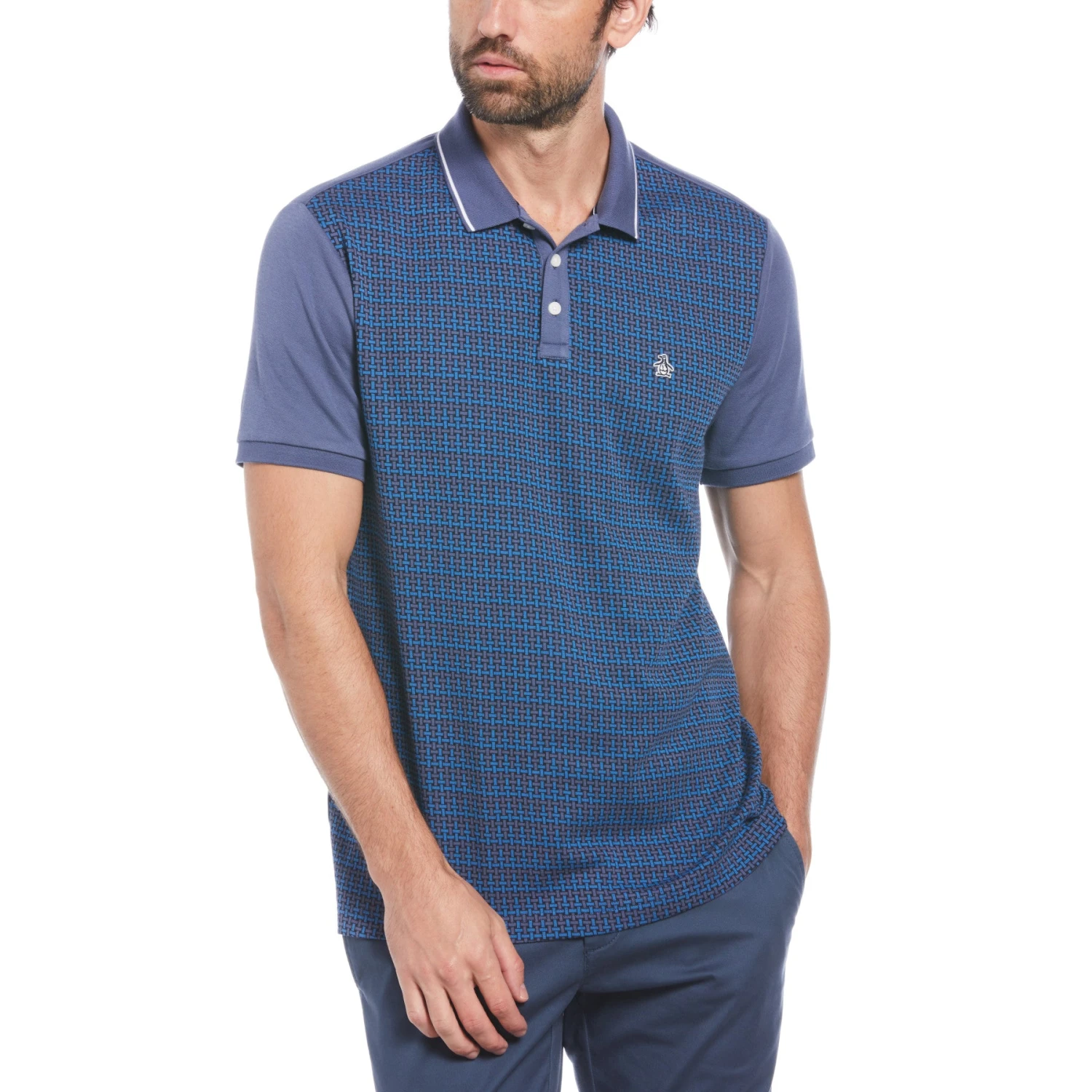 Original Penguin Jacquard Front Basketweave Pattern Short Sleeve Polo Shirt In Blue Indigo