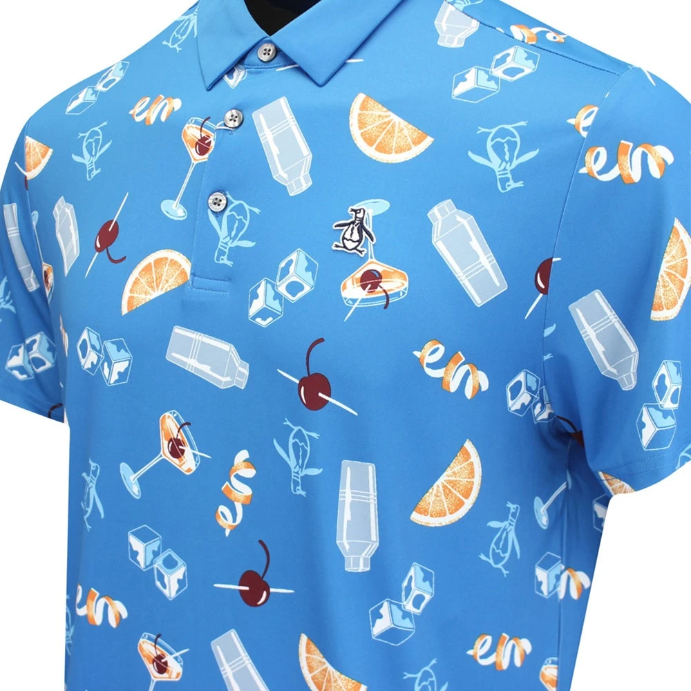 Original Penguin Golf Shirt - Cocktail Motif Polo - Med. Blue AW23 - Image 4