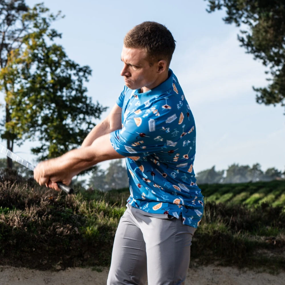 Original Penguin Golf Shirt - Cocktail Motif Polo - Med. Blue AW23 - Image 7