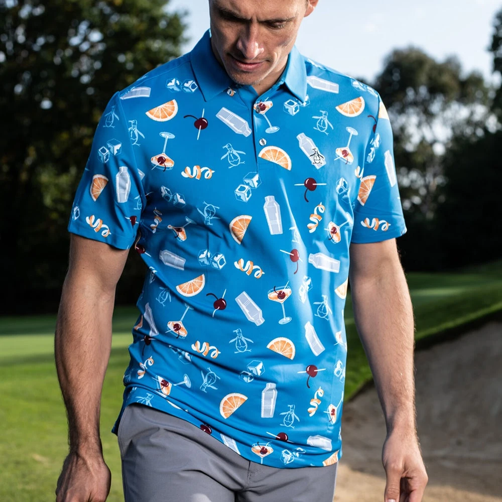 Original Penguin Golf Shirt - Cocktail Motif Polo - Med. Blue AW23 - Image 5