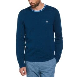Original Penguin Slim Fit Tipper Collar Jumper In Poseidon Blue