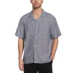 Original Penguin Linen Ecovero Camp Collar Short Sleeve Shirt In Dark Sapphire