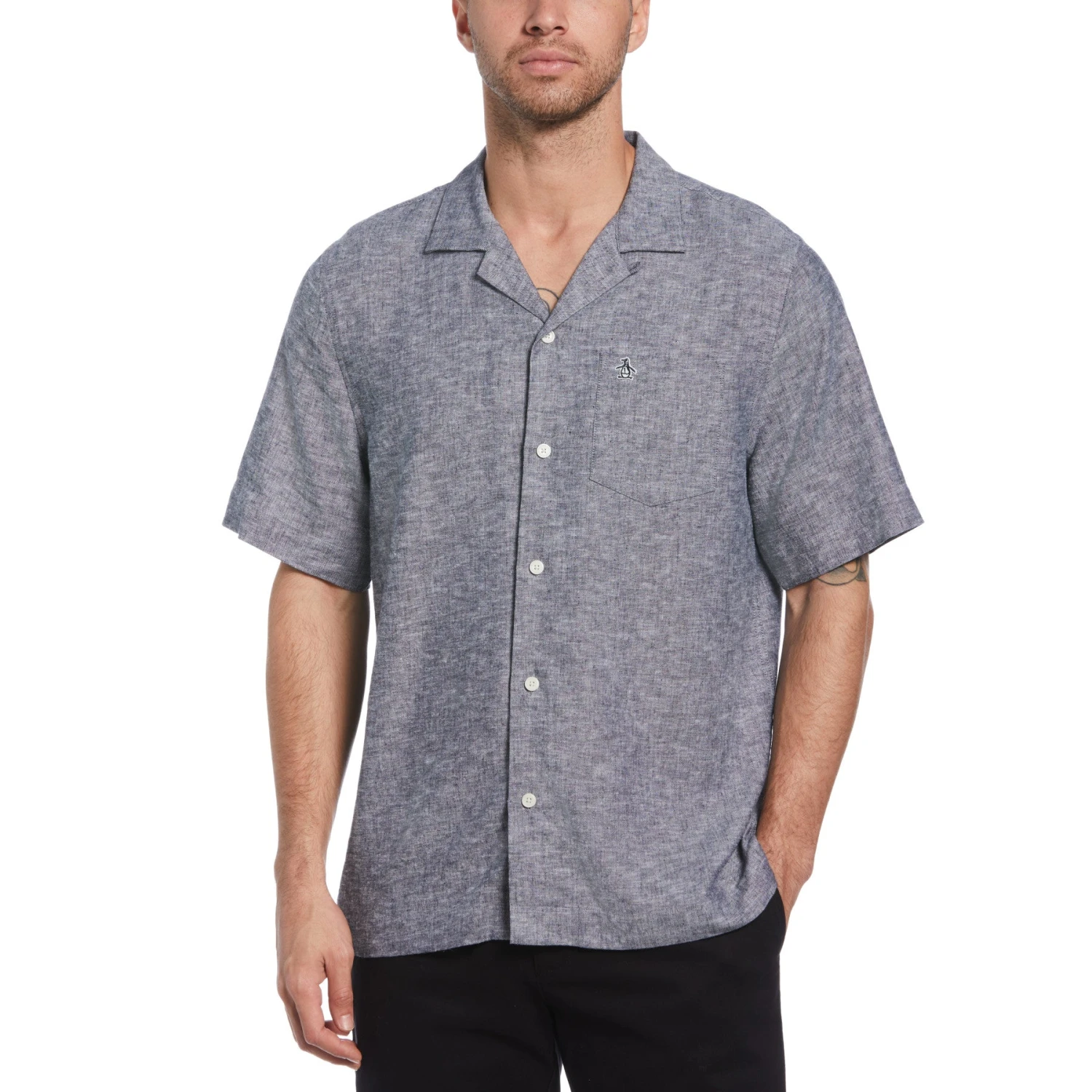 Original Penguin Linen Ecovero Camp Collar Short Sleeve Shirt In Dark Sapphire