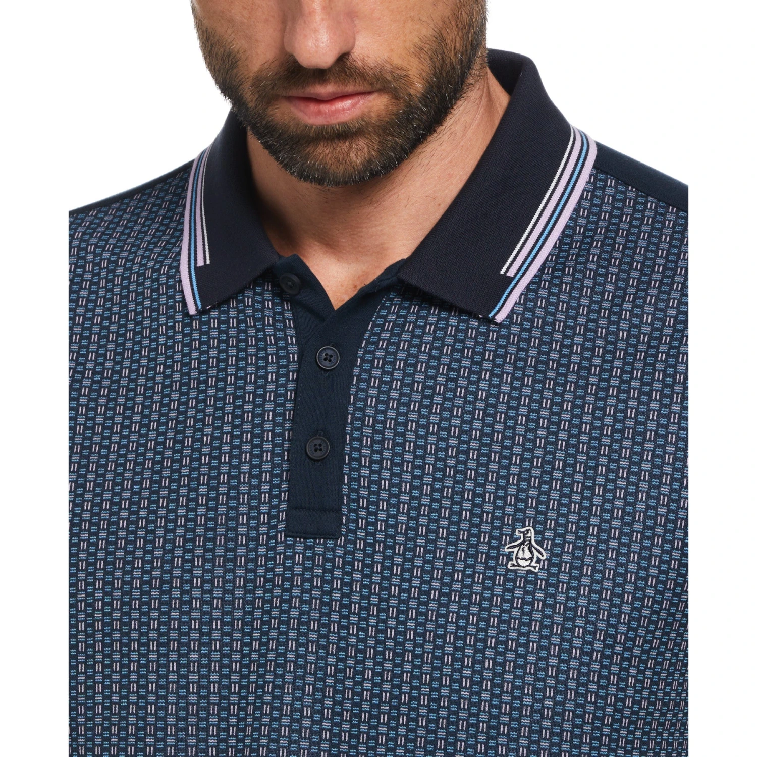 Original Penguin Jacquard Front Basketweave Print Polo Shirt In Dark Sapphire - Image 3