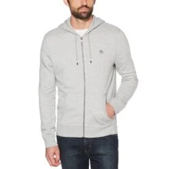 Original Penguin Sticker Pete Organic Cotton Fleece Full Zip Hoodie In Rain Heather