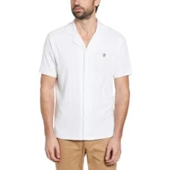 Original Penguin Icons Organic Cotton Striped Short Sleeve Shirt With Camp Collar In Bright White