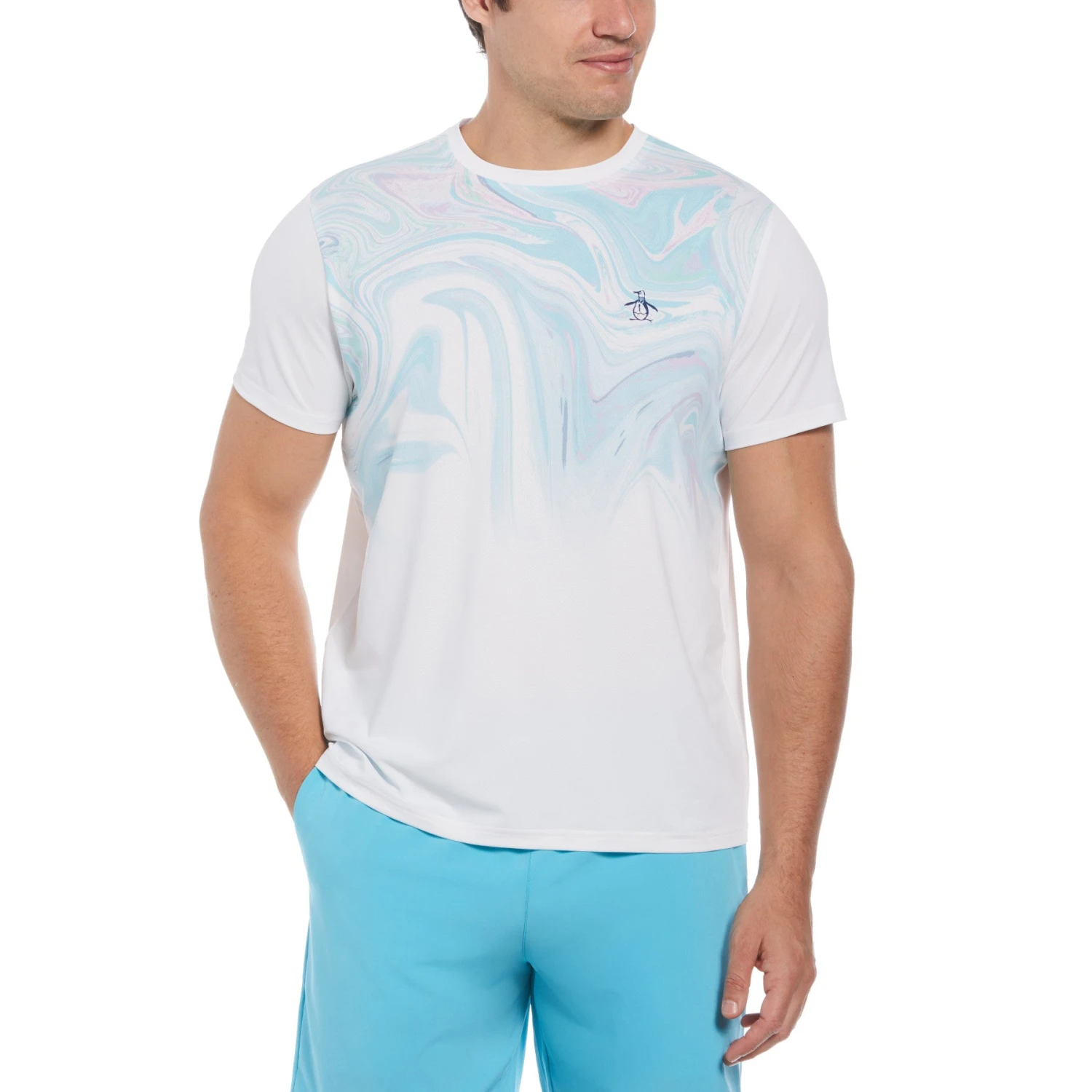 Original Penguin Marble Print Performance Short Sleeve Tennis T-Shirt In Bright White