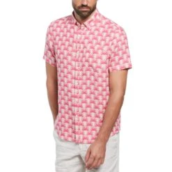 Original Penguin Delave Linen Geometric Palm Print Short Sleeve Button-Down Shirt In Birch