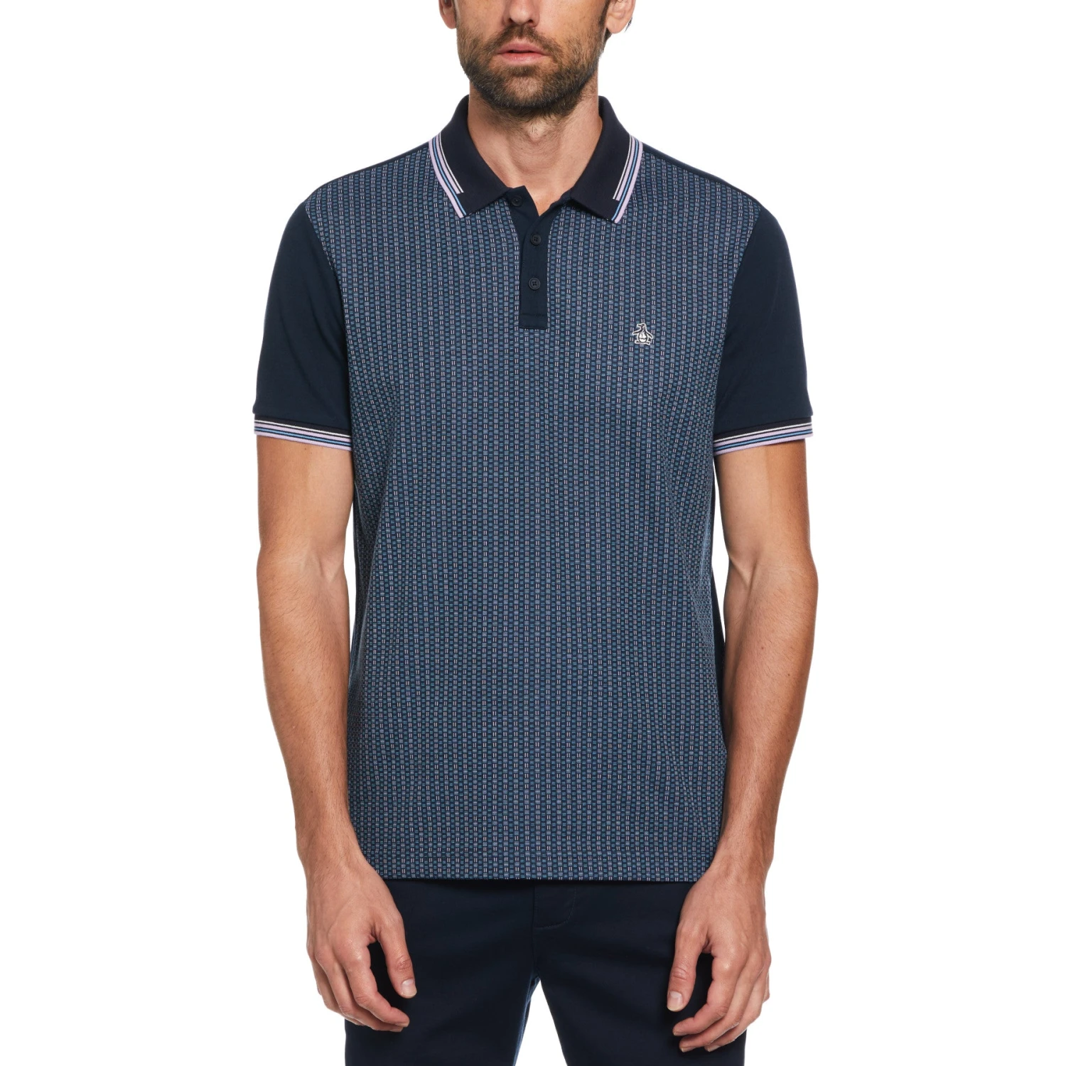 Original Penguin Jacquard Front Basketweave Print Polo Shirt In Dark Sapphire