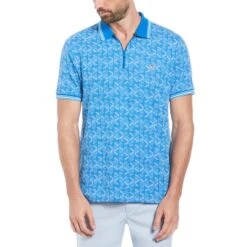 Original Penguin Jacquard Geometric Print 1/4 Zip Short Sleeve Polo Shirt In Skydiver