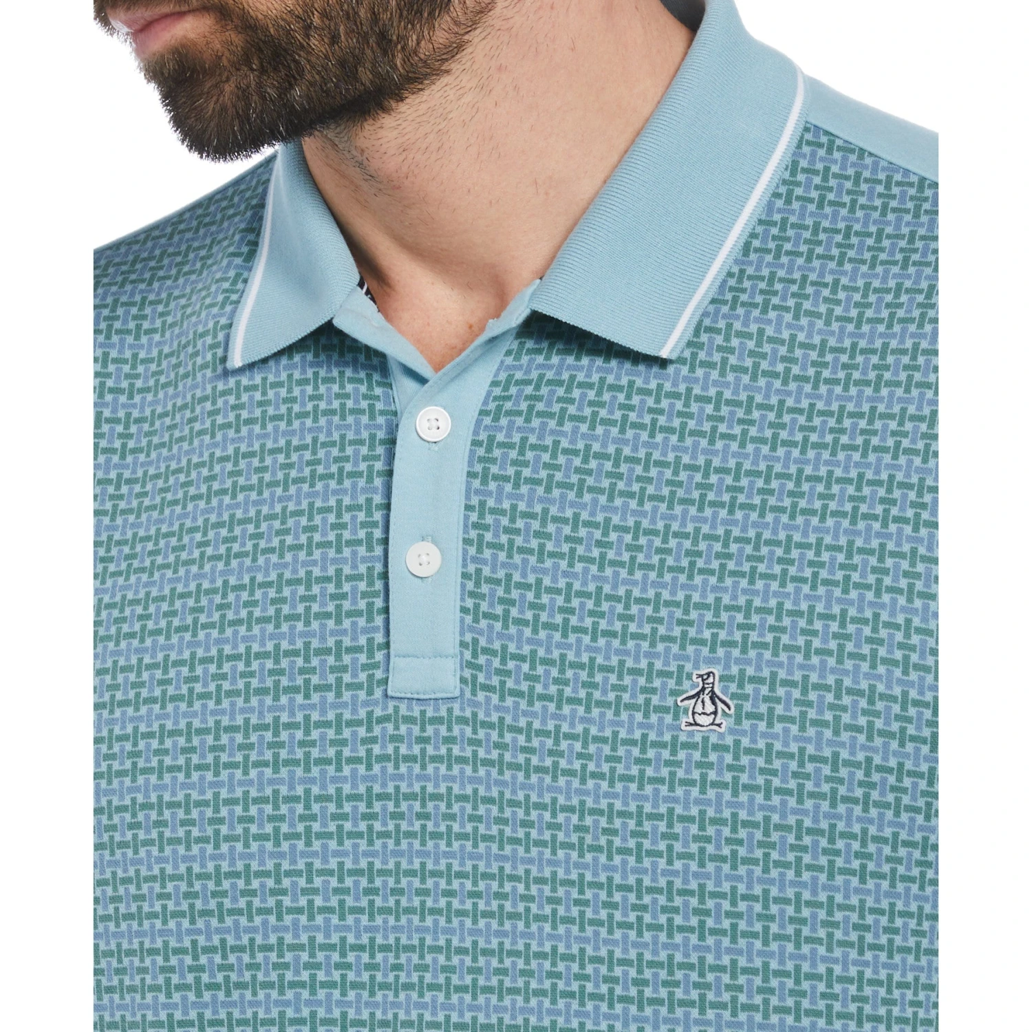 Original Penguin Jacquard Front Basketweave Pattern Short Sleeve Polo Shirt In Tourmaline - Image 3