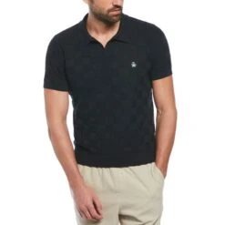 Original Penguin Jacquard Johnny Collar Short Sleeve Polo Shirt Sweater In Dark Sapphire
