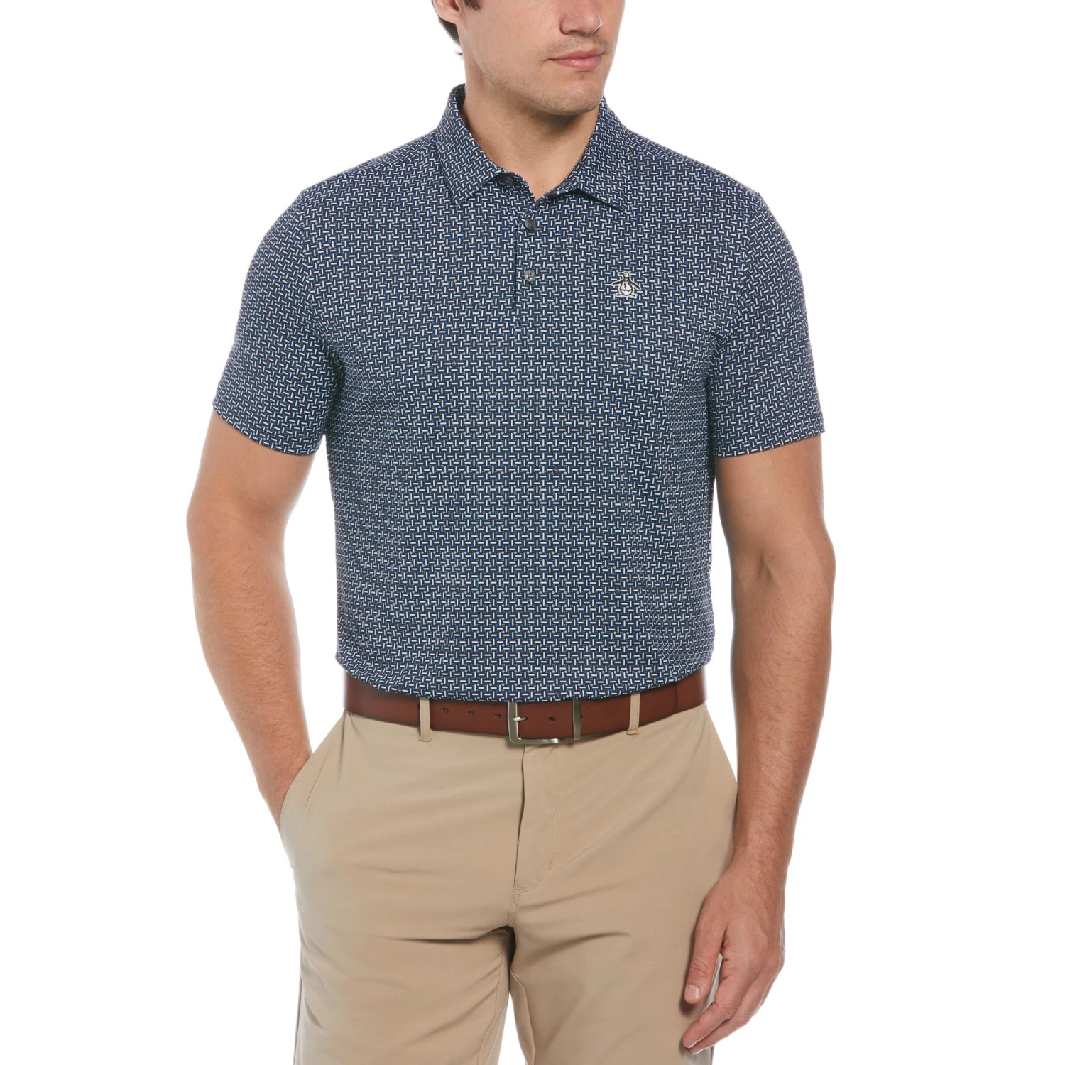 Original Penguin Original Geometric Print Short Sleeve Golf Polo Shirt In Caviar
