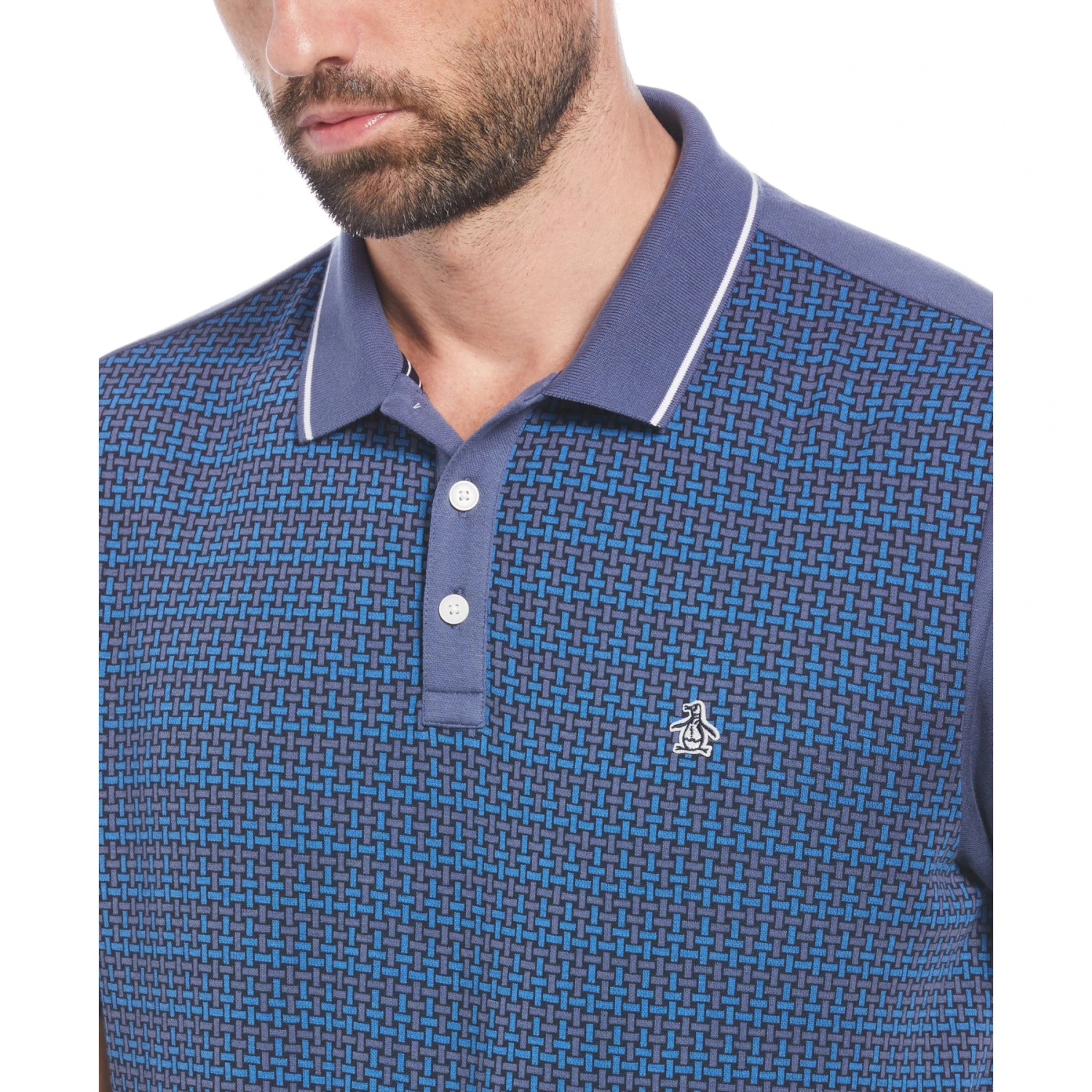 Original Penguin Jacquard Front Basketweave Pattern Short Sleeve Polo Shirt In Blue Indigo - Image 3