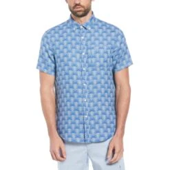 Original Penguin Delave Linen Geometric Palm Print Short Sleeve Button-Down Shirt In Tourmaline