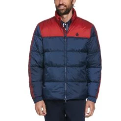 Original Penguin Faux Down Color Block Stripe Puffer Jacket In Dress Blues